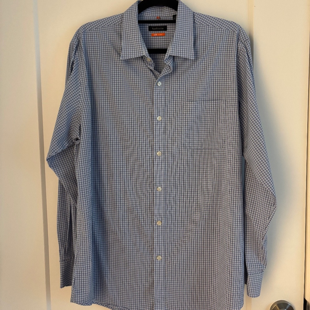 Van Heusen Traveler Blue Fine Checked Button Down Large Long Sleeve 16-16.5
